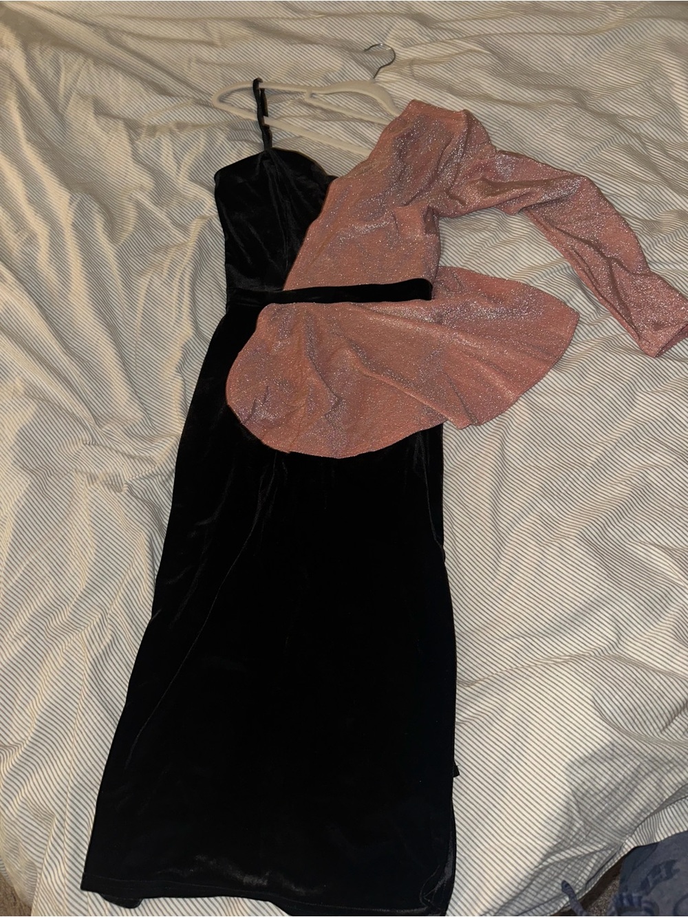 Black Velvet One-Shoulder Dress with Pink Sparkle Sleeve